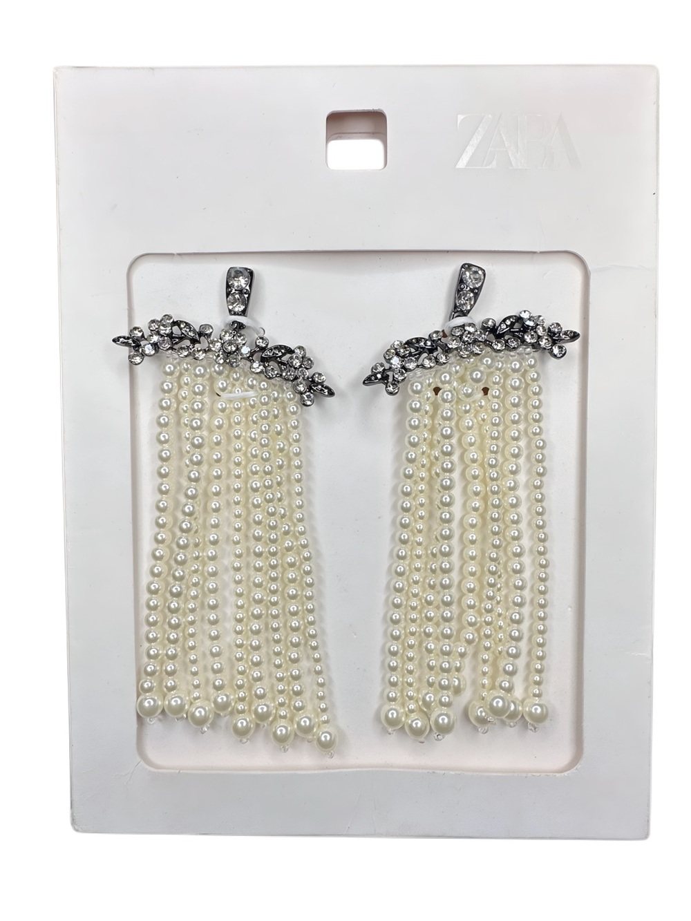 ZARA Cream Pearl Tassel Earrings with Crystal Accent